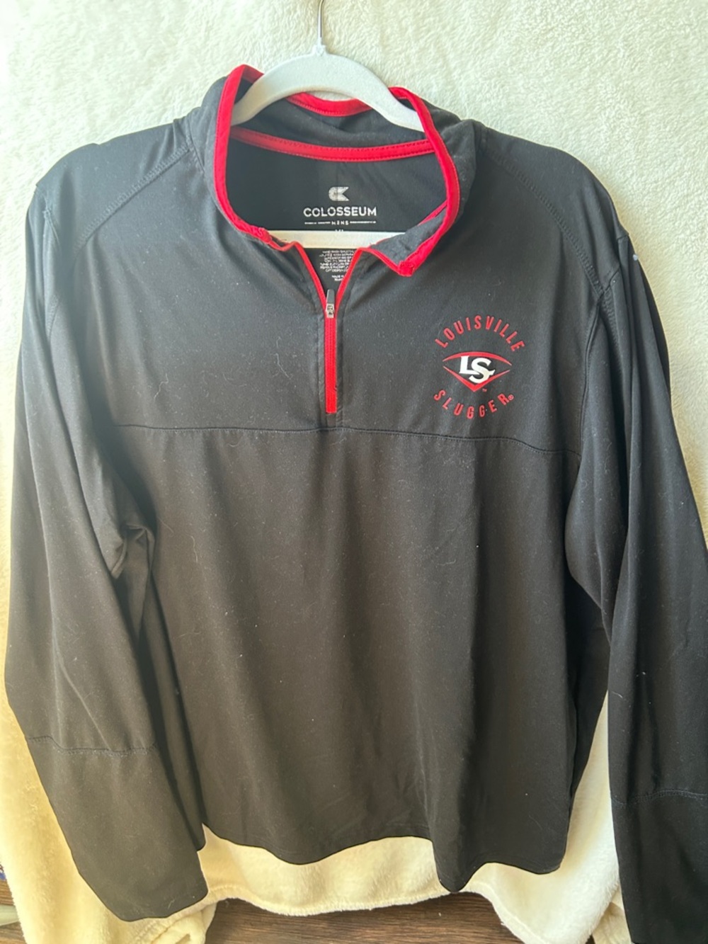 Colosseum Black 1/4 zip Pullover with Red Trim and Louisville Slugger Logo